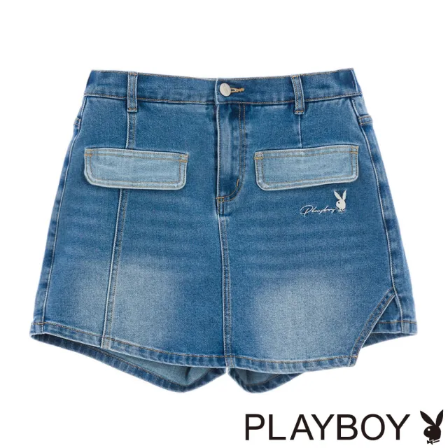 【PLAYBOY】撞色袋邊刷色丹寧褲裙(牛仔藍)