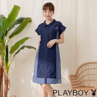 【PLAYBOY】天絲牛仔拼接修身洋裝(藍色)