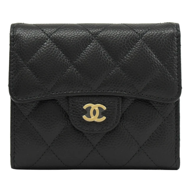 CHANEL 香奈兒CHANEL 香奈兒 經典雙C LOGO菱格紋荔枝牛皮三折零錢短夾(黑/金)