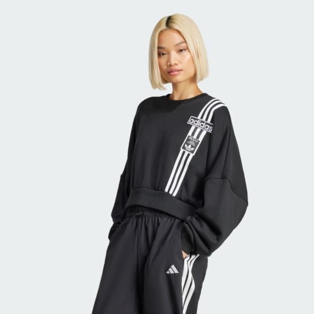 【adidas 愛迪達】長袖上衣 女 三葉草 CROP SWEATSHIRT 黑 JD0189