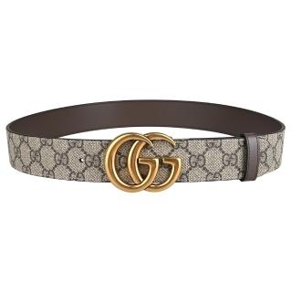 【GUCCI 古馳】GUCCI GG Marmont復古金色雙G LOGO塗層帆布皮革雙面扣式皮帶(烏木x咖啡)