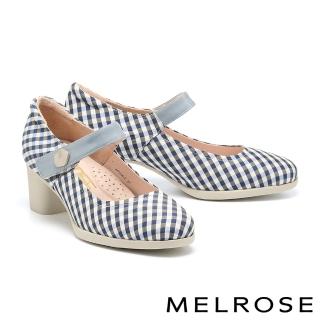 【MELROSE】美樂斯 雲朵後跟 復古典雅全真皮瑪莉珍高跟鞋(藍)