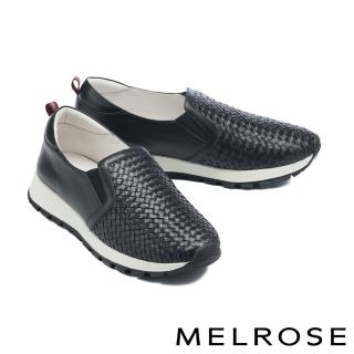 【MELROSE】美樂斯 日常百搭編織造型全真皮厚底休閒鞋(黑)