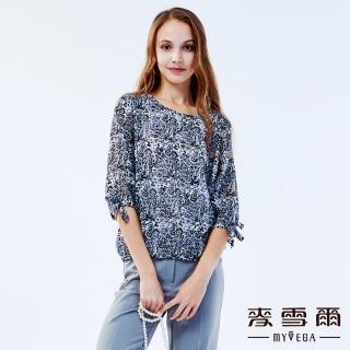 【MYVEGA 麥雪爾】燒花變形蟲印花五分袖雪紡上衣-黑