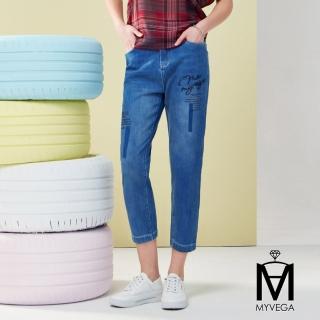 【MYVEGA 麥雪爾】MA高含棉LOGO亮鑽鬆緊腰牛仔哈倫九分褲-藍