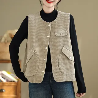 【ACheter】復古棉燈芯絨馬甲大口袋純色圓領單排扣背心短版外套#124306(杏/綠/藏青/咖)