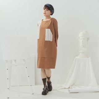 【MOSS CLUB】圓領配條貼口袋長袖上衣洋裝(藍 桔/魅力商品)