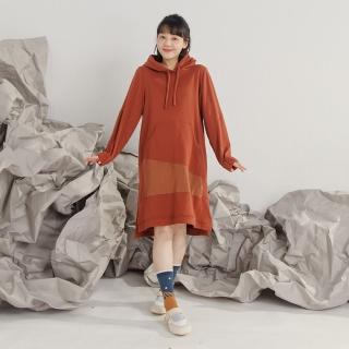【MOSS CLUB】面料拼接前短後長連帽上衣長袖洋裝(藍 桔)