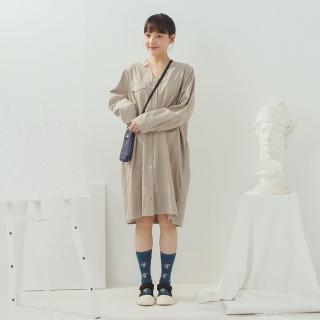 【MOSS CLUB】造型缺口V領大抓褶撞色車線長袖洋裝(卡 黃)