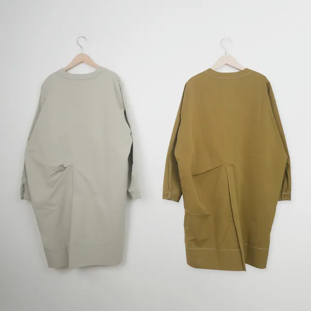 【MOSS CLUB】造型缺口V領大抓褶撞色車線長袖洋裝(卡 黃)