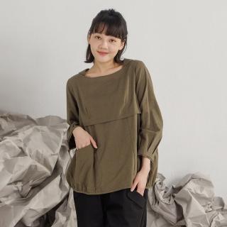【MOSS CLUB】小翻領竹節棉七分袖上衣(藍 綠)