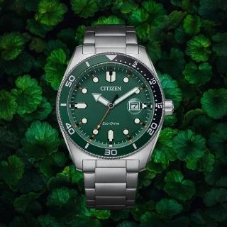 【CITIZEN 星辰】臺灣限量放大日期視窗撞色光動能錶 綠 43mm(AW1768-80X)