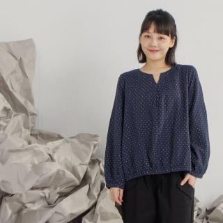 【MOSS CLUB】棉質雙層紗點點V領長袖上衣(藍 綠 桔)