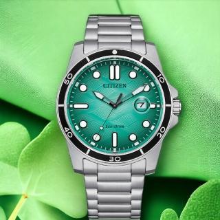 【CITIZEN 星辰】時尚潮男腕錶水波紋質感光動能錶 湖水綠 41mm(AW1816-89L)