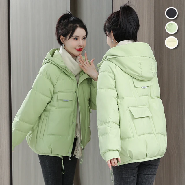 初色 韓版休閒寬鬆長款加厚保暖連帽螺紋長袖羽絨棉外套女外套-