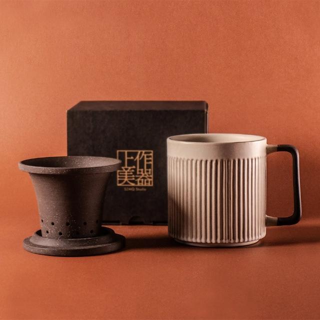 【上作美器】直紋泡茶杯550ml-粉引白(附茶濾內膽、蓋子三件式泡茶杯)