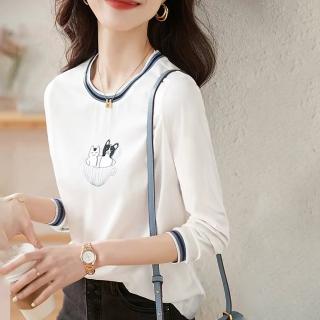 【綻放】圓領刺繡撞色長袖T恤上衣女上衣-白色-30372(M-2XL可選)