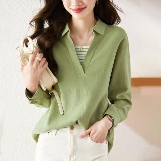 【綻放】半開領條紋寬鬆長袖POLO襯衫上衣女上衣-綠色-30379(M-2XL可選)