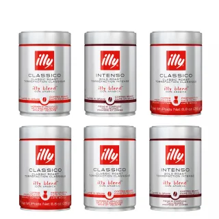 【illy】官方直營 經典配方咖啡豆/咖啡粉 六件組(250g/罐; 中焙/深焙/濾泡粉/摩卡壺專用粉)