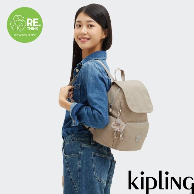 【KIPLING】『猴子包』深米色老花掀蓋拉鍊後背包-CITY ZIP S