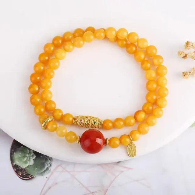 【勝弘珠寶】波羅的海琥珀鴻運當頭雙圈花蠟手串