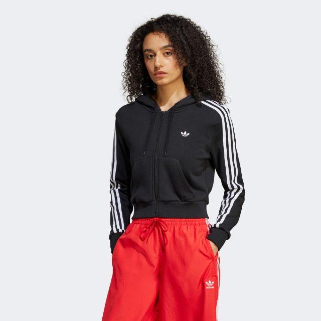 【adidas 愛迪達】外套 女 運動連帽外套 三葉草 SHORT FZ HOODIE 黑 JX9220