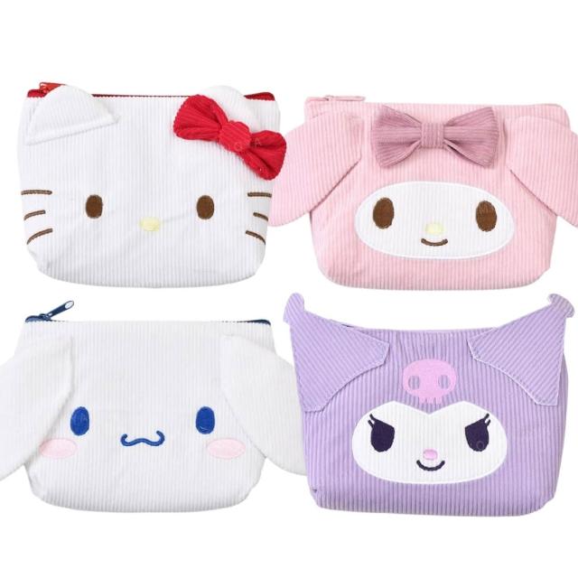 【小禮堂】母親節禮物 Sanrio 三麗鷗 燈芯絨造型化妝包 大臉款 Kitty 美樂蒂 大耳狗 酷洛米(平輸品)