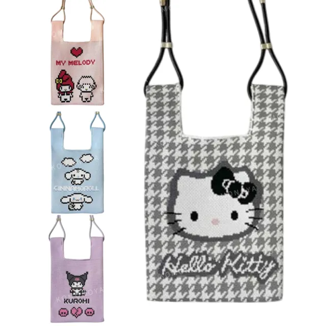 【小禮堂】雙11 Sanrio 三麗鷗 x ROOTOTE 針織斜背袋 像素款 Kitty 大耳狗 庫洛米(平輸品)
