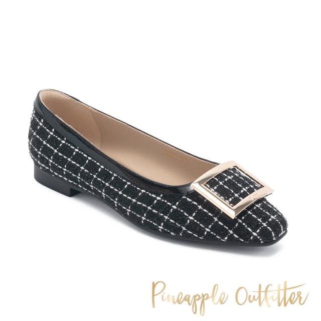 【Pineapple Outfitter】DAGR 格紋毛尼感方釦平底鞋(黑色)