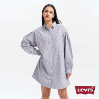 【LEVIS 官方旗艦】女款 長版寬鬆落肩條紋襯衫洋裝 / 打摺寬袖 上衣 熱賣單品