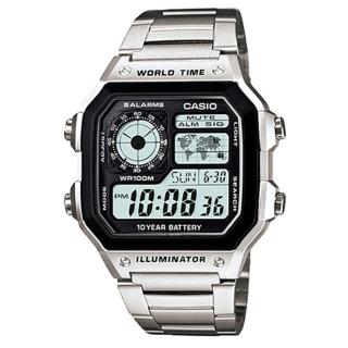 【CASIO 卡西歐】AE-1200WHD-1A 數位方塊 世界地圖顯示電子錶(100米防水不鏽鋼錶帶)