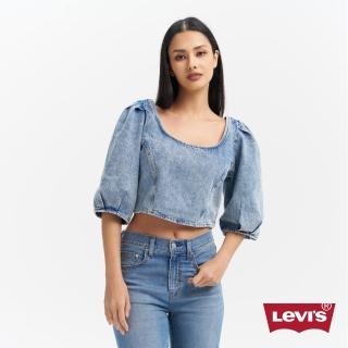 【LEVIS 官方旗艦】女 超短版U領澎澎袖牛仔上衣/精工中藍染水洗/背面打摺伸縮設計 上衣 熱賣單品