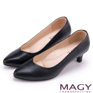 【MAGY】OL素雅真皮尖頭中跟鞋(黑色)