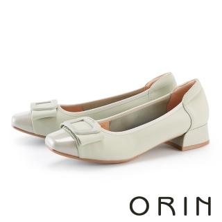 【ORIN】優雅同色方釦真皮低跟鞋(粉綠)