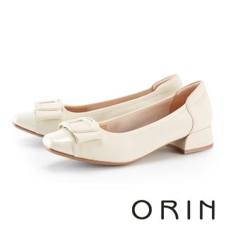 【ORIN】優雅同色方釦真皮低跟鞋(米色)