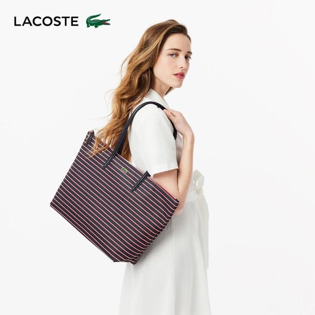 【LACOSTE】包款-大號 L.12.12 概念條紋手提包(海軍藍/配石榴糖漿條紋)