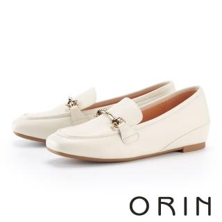【ORIN】經典馬銜釦真皮方頭樂福鞋(米色)