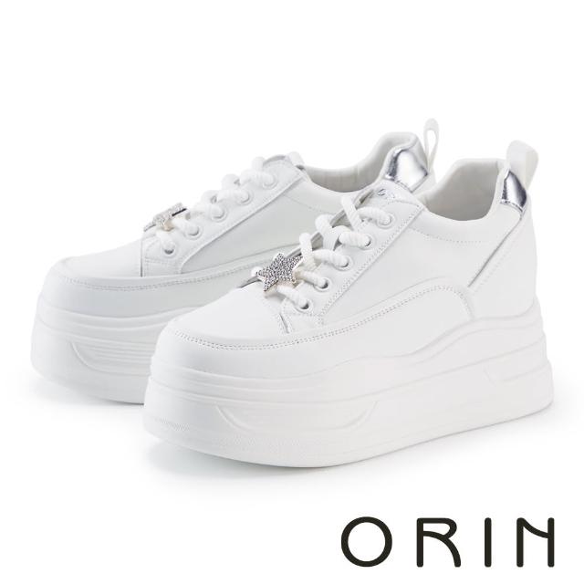 【ORIN】星星鑽釦牛皮綁帶厚底休閒鞋(白色)