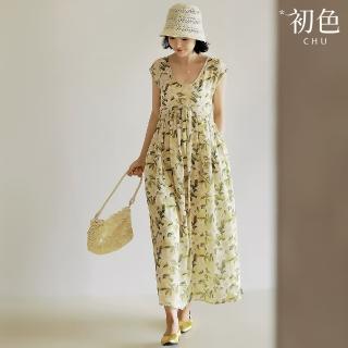 【初色】慵懶風寬鬆印花口袋圓領無袖A字裙中長裙連衣裙連身洋裝-花色-10116(M-2XL可選)