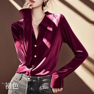 【初色】韓版純色修身絲絨單排扣POLO領長袖打底衫襯衫上衣女上衣-桃紅色-10177(M-3XL可選)