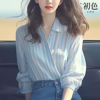 【初色】通勤風豎條紋V領寬鬆長袖襯衫上衣女上衣-藍色-37093(M-2XL可選)