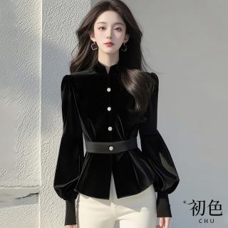 【初色】絲絨早春撞色扣收腰襯衫長袖上衣女上衣-黑色-10174(M-3XL可選)