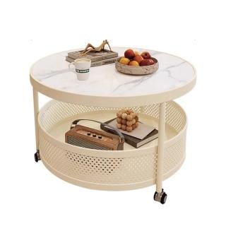 【SongSH】（直徑80cm）奶油風輕奢巖板客廳茶几小戶型家用圓形帶輪網紅可移動小推車茶几(茶几/桌子)