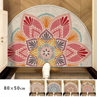 【聚時柚】類亞麻繁花80*50cm落塵吸水玄關半圓腳踏墊(仿亞麻印花橡膠地墊)