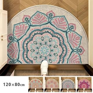【聚時柚】類亞麻繁花120*80cm落塵吸水玄關半圓腳踏墊(仿亞麻印花橡膠地墊)