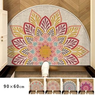 【聚時柚】類亞麻繁花90*60cm落塵吸水玄關半圓腳踏墊(仿亞麻印花橡膠地墊)