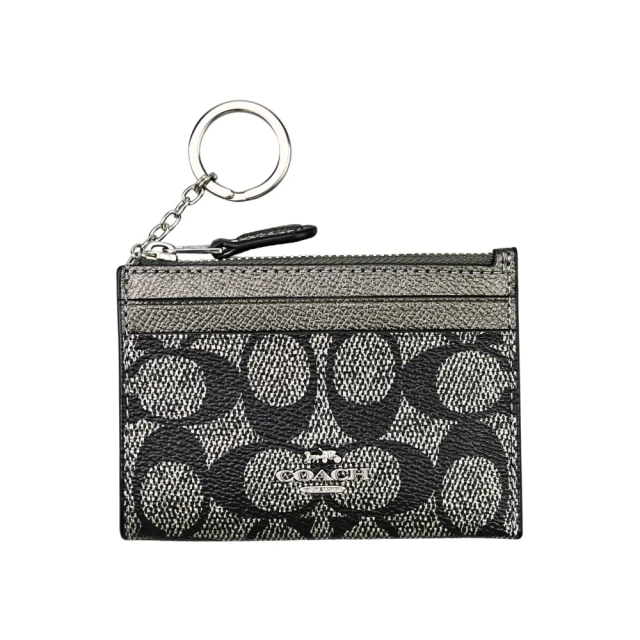 COACH Logo PVC前卡夾鑰匙零錢包(黑銀C)好評推