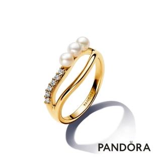 【Pandora 官方直營】自然流線珍珠雙圈戒指