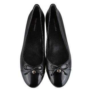 【TORY BURCH】TORY BURCH金色雙T LOGO蝴蝶結綴飾拼接設計皮革芭蕾平底鞋(黑)
