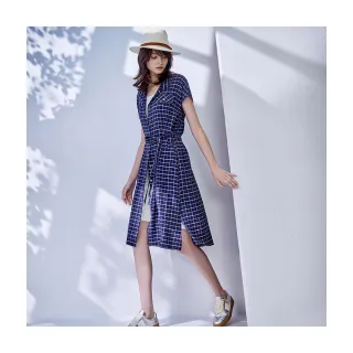 【Diffa】藍格連袖設計開襟綁帶洋裝-女